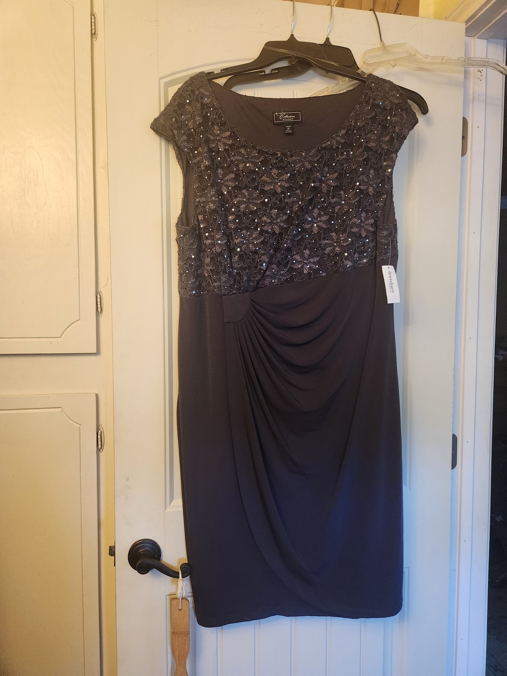 connected apparel Embellished Cap-Sleeve Sheath Dress in Charcoal Gray